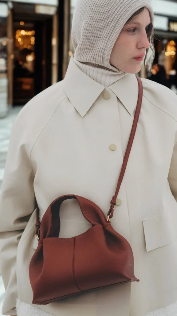 A close-up shot from the file 3_15.webp highlights a woman modeling a contemporary luxury handbag on a city street. She is wearing a cream-colored collared trench coat with matte buttons layered over a white ribbed turtleneck, paired with a matching cream knit balaclava hood. Slung crossbody is a small, uniquely draped half-moon shaped handbag in deep burgundy pebbled leather, featuring a integrated top handle and a thin leather shoulder strap. The background shows a softly blurred urban setting with warm storefront lights.