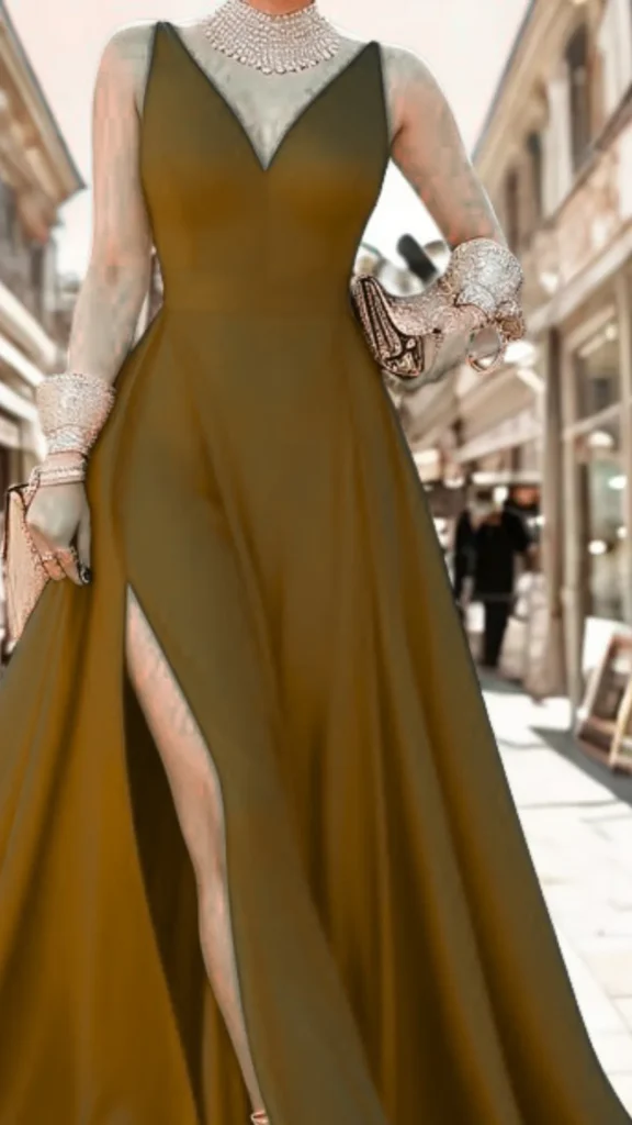 A fashion photograph from the file 4 (1).webp shows a person from the neck down walking in a glamorous olive green or golden-brown satin evening gown. The dress features a deep V-neckline, a structured bodice, and a high thigh-slit revealing a leg. The look is heavily accessorized with sparkling jewelry, including a thick, layered rhinestone choker necklace and massive matching crystal cuff bracelets on both wrists. The person holds a small, glittering metallic gold clutch bag in one hand, set against a blurred outdoor European-style street background.