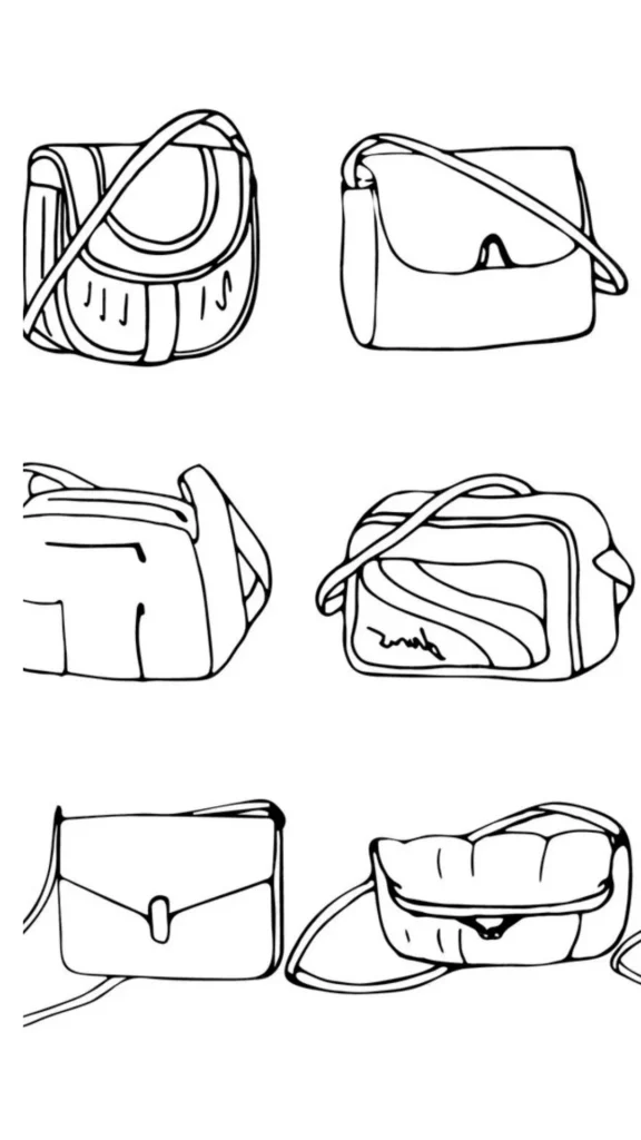 An image from file 4 (1)_5.webp displaying a collection of six minimalist fashion sketches of different handbags, arranged in a two-column grid against a solid white background. The line drawings are done in a clean, bold black outline, featuring varied styles including a rounded messenger bag, a classic flap shoulder bag, structured crossbody options, and a soft, puffy quilted bag. Each illustration focuses purely on the silhouette, shape, and strap placement of the individual bag design.