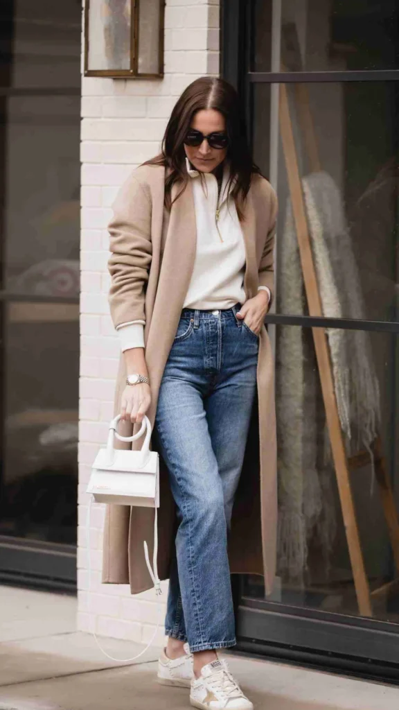 A full-length street style fashion shot from 4.webp showing a woman walking outdoors in a casual, chic autumn look. She wears high-waisted straight-leg blue jeans, a white half-zip sweatshirt, a long camel-colored trench coat, dark sunglasses, and white Golden Goose sneakers with gold star details. In her hand, she carries a small, structured white leather Jacquemus Le Chiquito top-handle bag with a hanging thin leather shoulder strap.