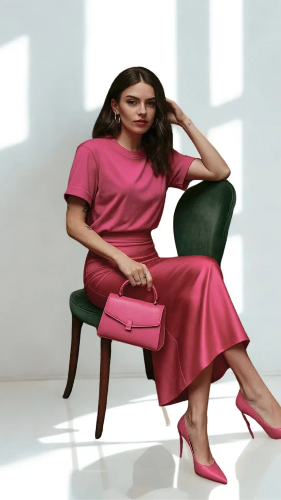 A full-length fashion portrait from 4_3.webp of a woman sitting on a dark green velvet chair against a white wall with geometric window shadows. She is styled in a striking monochrome pink outfit, wearing a simple magenta t-shirt paired with a matching flowing silk maxi skirt and pointed-toe stiletto heels. In her hand, she holds a small, structured top-handle leather handbag in a matching shade of pink with a clean, angular front flap.