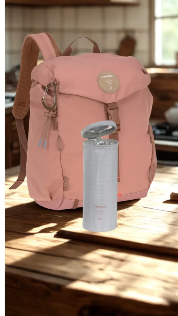 A product advertisement photograph from 4_3.png showcasing a dusty pink Lässig diaper backpack sitting on a rustic wooden tabletop in a sunlit kitchen. In the foreground stands an open, tall, cylindrical insulated bottle bag in grey grid pattern fabric, showing its silver foil lining designed to keep snacks or drinks fresh. The pink backpack behind it features a top flap with a buckle closure, mesh side pockets, and a metallic carabiner clip attached to the side.