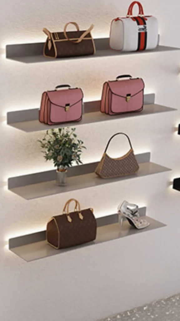 An image from file "4_17.webp" displaying a sophisticated wall-mounted handbag organization setup featuring four minimalist grey floating shelves with integrated warm LED backlighting. The top shelf displays a classic brown monogram patterned satchel and a white duffle bag with a red and green stripe. The second shelf holds two identical pink structured top-handle crossbody bags with black trim. The third shelf contains a small vase of greenery next to a curved brown monogram shoulder bag. The bottom shelf showcases a dark brown monogram speedy-style bag next to a single metallic silver high-heeled shoe, all mounted against a clean beige wall.