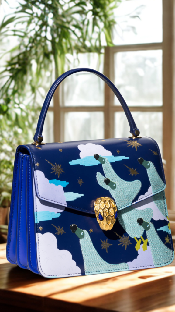 A structured, dark blue leather top-handle handbag from the file 4_9.png stands upright on a wooden surface in bright sunlight. The bag features an accordion-style side design with three distinct compartments and a single arched top handle. The front flap and panel are adorned with a whimsical, artistic illustration featuring light blue, stylized animals looking up at a starry sky filled with white and light blue clouds and gold starbursts. A textured, sculptural gold snake-head clasp with blue stone eyes secures the center flap. In the background, a sunlit window and lush green houseplants are softly blurred.