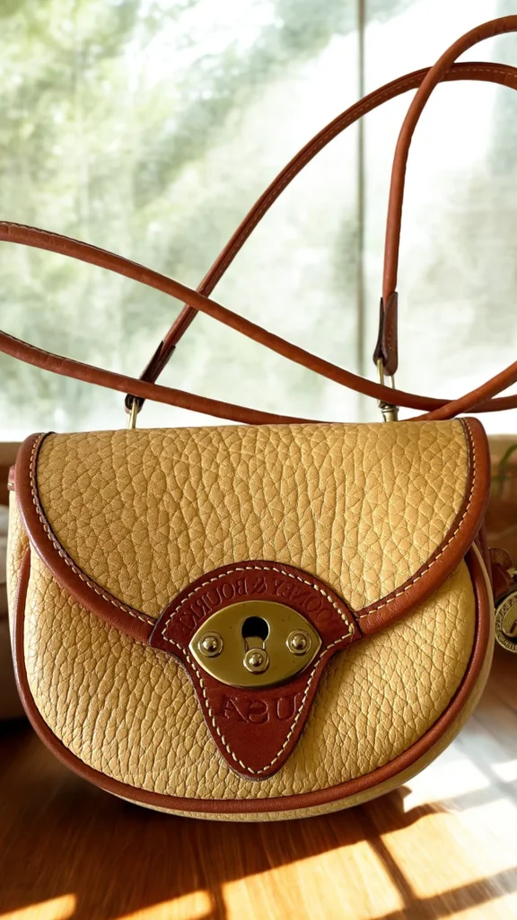 A close-up product photograph from the file 4.jpg showcases a vintage Dooney & Bourke saddle bag resting on a wooden surface in warm sunlight. The handbag features highly textured, tan-colored pebble grain leather with smooth, dark brown leather trim along the rounded edges and shoulder strap. The front flap is secured with a smooth brown leather tab that displays an embossed crest and holds a prominent, teardrop-shaped brass hardware lock with a keyhole.