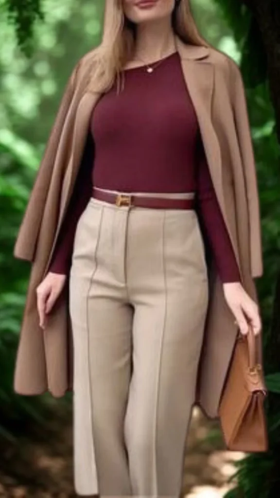 A medium full-length shot from the file 4_13.webp shows a woman showcasing an elegant, professional outfit in an outdoor park setting. She is wearing high-waisted, pleated beige trousers cinched with a thin burgundy leather belt that has a gold buckle, paired with a tucked-in, long-sleeve burgundy top. A long camel-colored wool coat is draped effortlessly over her shoulders. In her left hand, she holds a structured tan leather top-handle handbag. The background features blurred green foliage and trees.
