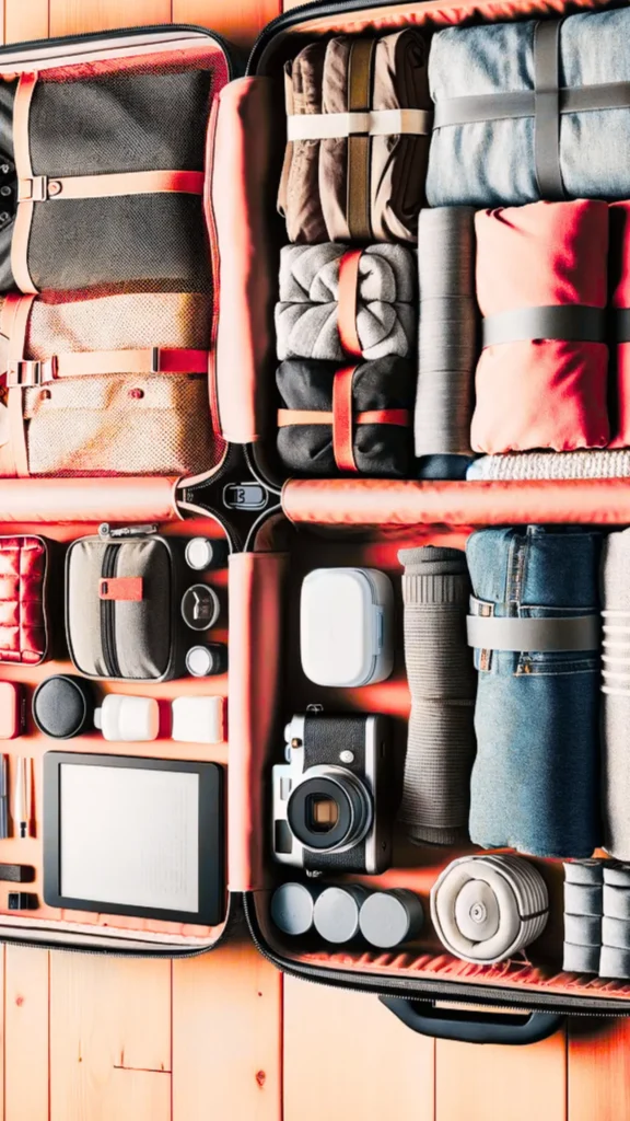 A top-down, structured flat lay from the file 5_2.jpg shows an open suitcase packed with extreme precision on a light wooden floor. The interior is divided into organized quadrants featuring coral-pink linings. The top sections are filled with rolled and folded clothing items—including jeans, t-shirts, and sweaters—secured neatly by grey and coral elastic compression straps and packing cubes. The bottom sections contain travel gear and electronics arranged in dedicated slots: a tablet with its screen facing up, a vintage-style camera, a small grey tech pouch, a white hardshell case, rolled grey socks, and several small cylindrical travel containers.