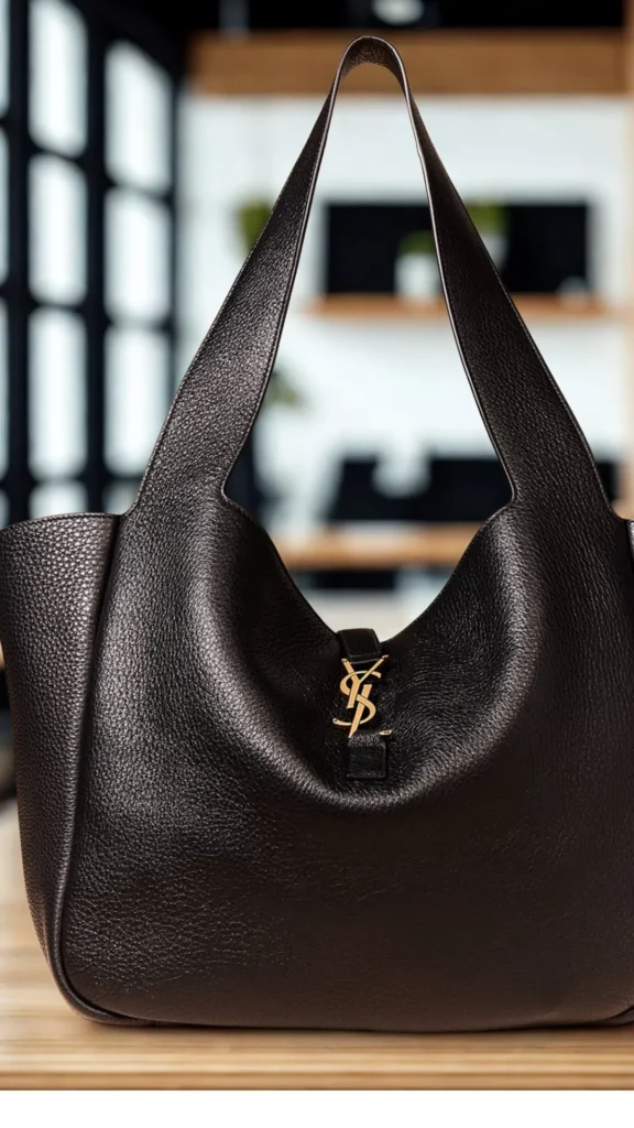 An image from file "5_20.webp" featuring a front-facing view of the Saint Laurent Le 5 À 7 Bea Tote bag sitting on a smooth wooden surface. The spacious, slouchy hobo-style shoulder bag is crafted from heavily grained black leather, creating a textured finish. It features integrated wide flat shoulder straps that taper upward into a tall handle loop. At the slouching center of the bag's open top, a small leather tab closure is secured with a striking, polished gold metal YSL Cassandre monogram hook logo. The background is slightly blurred, showing a modern interior with dark-framed vertical windows or panels and minimalist wooden shelving.