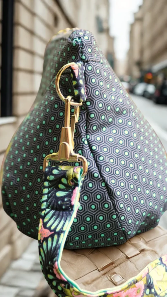 A side-angle, close-up shot from the file 5_6.webp shows a structured mini crossbody bag resting on a textured surface outdoors. The bag is made from a dark fabric patterned with small, repeating teal and green geometric hexagon rings. A shiny gold lobster clasp securely clips onto a fabric loop at the top corner of the bag, connecting it to a wide, colorful shoulder strap printed with vibrant floral and butterfly wing patterns in green, yellow, pink, and black. The background features a softly blurred city street with a tan brick building facade.