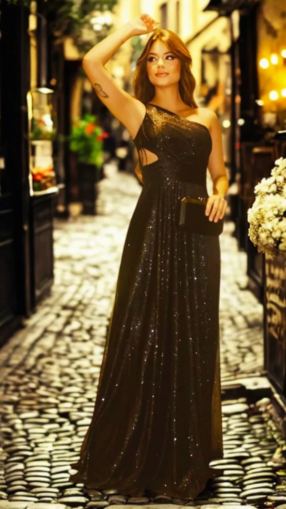 A full-length fashion photograph from the file 5.png shows a glamorous woman with long brown hair posing on an evening street paved with cobblestones. She wears a glittering, sleeveless black or dark bronze floor-length evening gown with an asymmetrical neckline and a cutout detail at the waist. She holds a small, structured black rectangular clutch bag in one hand. The background features a softly blurred, golden-lit alley with shop lights and white flowers.