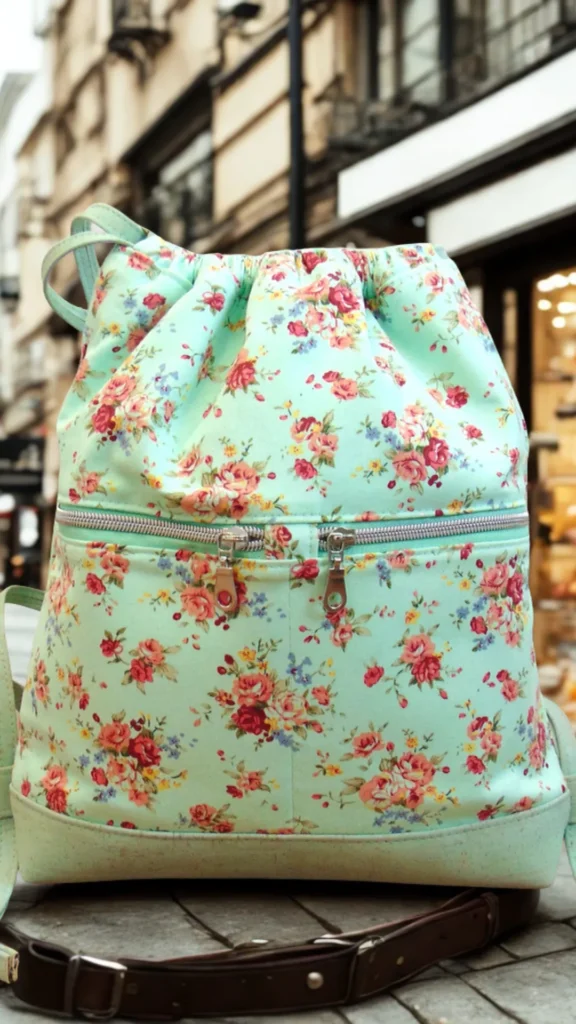 A front-facing, close-up shot from the file 6_3.webp shows a handmade drawstring backpack with a casual design. The body of the bag is crafted from a light mint green fabric covered in a dense vintage floral pattern of pink and red roses, yellow blossoms, and tiny blue wildflowers with green leaves. A horizontal silver zipper with dual metal pulls spans across the middle, opening into a front pocket. The backpack features a structured, solid mint green base panel and light green fabric top loops, sitting outdoors on a stone ledge next to a dark brown leather strap. The background shows a softly blurred city street with classic building storefronts.