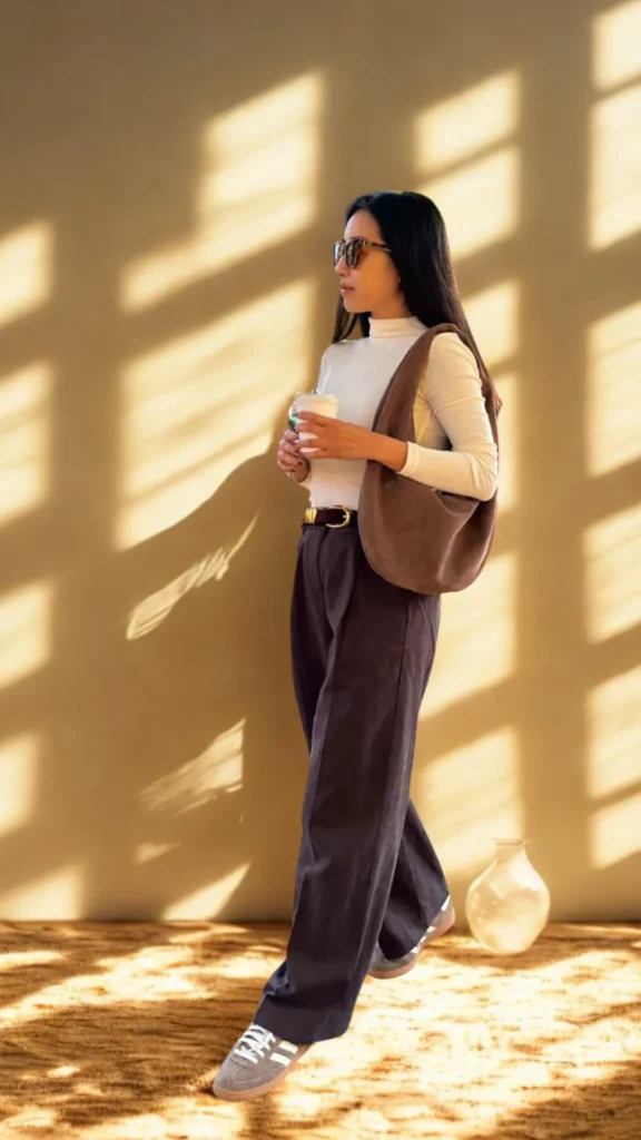 A full-length lifestyle and fashion shot from 6_2.webp showing a woman walking in a sunlit room filled with geometric window shadows. She is wearing a fitted white long-sleeve turtleneck, dark brown pleated wide-leg trousers secured with a brown belt and gold buckle, and casual grey sneakers. Slung over her shoulder is a slouchy, crescent-shaped brown suede hobo bag, and she is holding a coffee cup while wearing dark sunglasses.