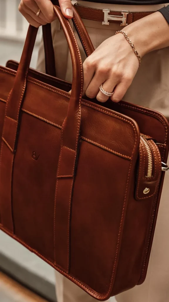 An image from file "6_7.webp" showing a close-up cropped view of a person carrying a structured, rich brown luxury leather laptop briefcase bag. The bag features clean stitching details, rolled top handles, and a small embossed logo on the front panel. A silver zipper runs along the top and side edge. The person's hand is visible grasping one of the handles, accessorized with a gold chain bracelet and a sparkling ring. They are wearing beige trousers paired with a brown belt featuring a prominent silver H-shaped buckle.