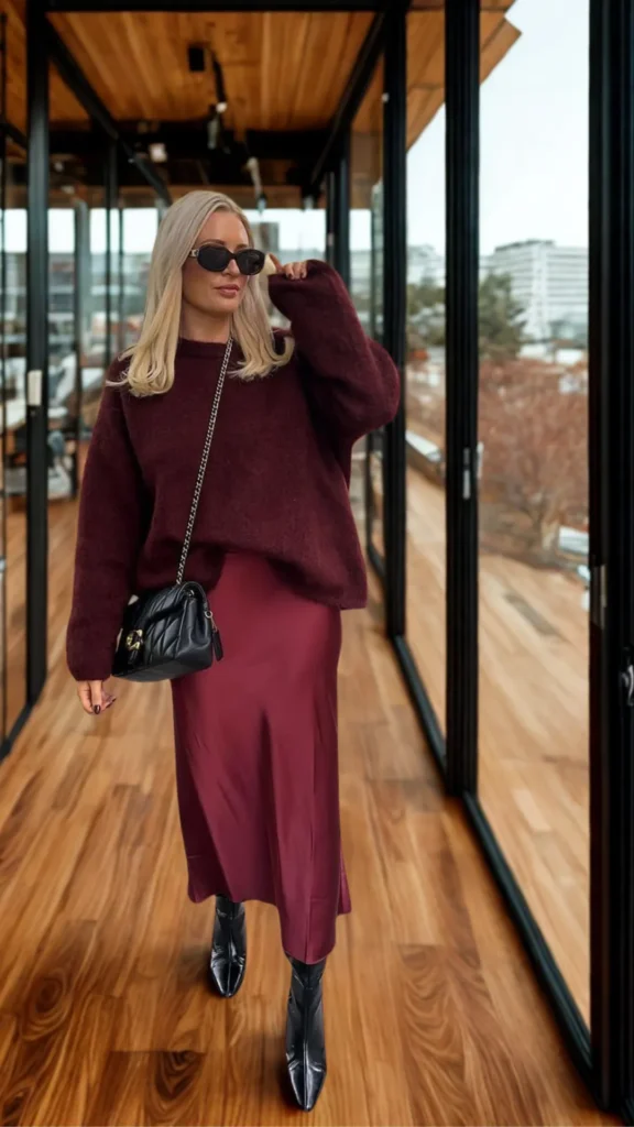 A blonde woman walking down a wooden hallway in 7.png, wearing a multi-textured monochrome look. She is styled in a deep burgundy oversized fuzzy knit sweater paired with a flowing, glossy maroon satin midi skirt. The outfit is accessorized with a black quilted leather crossbody bag on a silver chain strap, black pointed-toe leather boots, and black sunglasses, beautifully demonstrating how to layer contrasting textures.