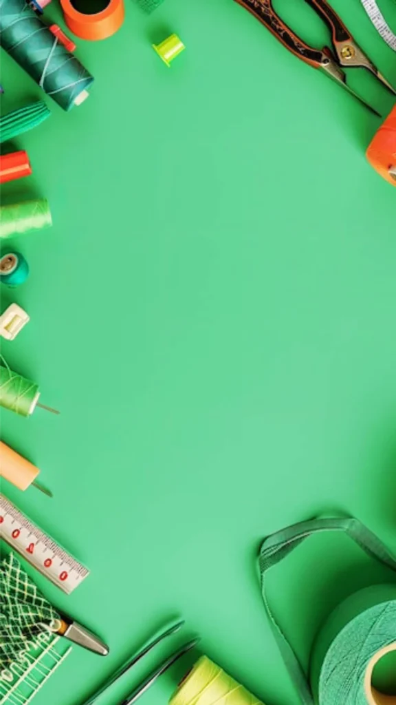 A top-down flat lay shot from the file 7.webp shows a collection of sewing and crafting supplies arranged neatly around the borders of a solid green background, leaving a large open space in the center. The tools include several spools of thread in varying shades of green, yellow, and orange, a pair of dark vintage-style fabric scissors, a white measuring tape with red numbers, a silver metal seam ripper, tweezers, and a large roll of green binding tape or fabric strap material at the bottom right.