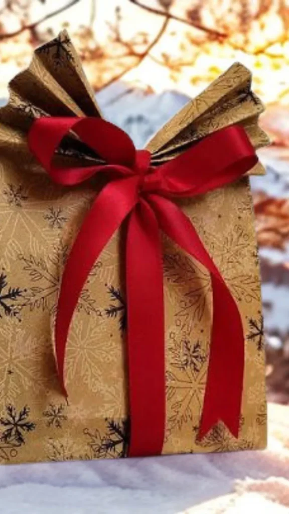 A front-facing, close-up shot from the file 9.webp shows a beautifully wrapped gift bag standing upright on a soft white surface. The gift bag is made from kraft paper patterned with printed dark brown and gold snowflakes of various sizes. The top of the bag is gathered and folded into an elegant fan or accordion shape, tied securely in the center with a wide, vibrant red satin ribbon that forms a large bow with long, dangling tails. The background is softly blurred with warm, autumn-colored lighting.
