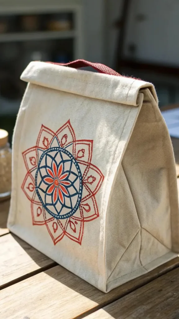 A cream-colored canvas tote bag styled like a roll-top lunch sack sitting on a wooden table. The front features a large, detailed mandala pattern printed in red and blue ink, showcasing a whimsical and creative design.
