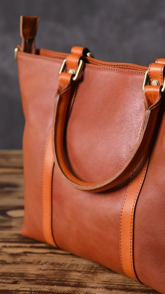 Close-up shot of a structured brown leather tote bag sitting on a rustic wooden table against a dark grey background. The image focuses on the warm tan leather texture, fine stitching details along vertical straps, and sturdy rolled leather handles attached with gold metal loops. A glimpse of a zipper closure is visible at the top corner, highlighting the bag’s clean silhouette and secure design.
