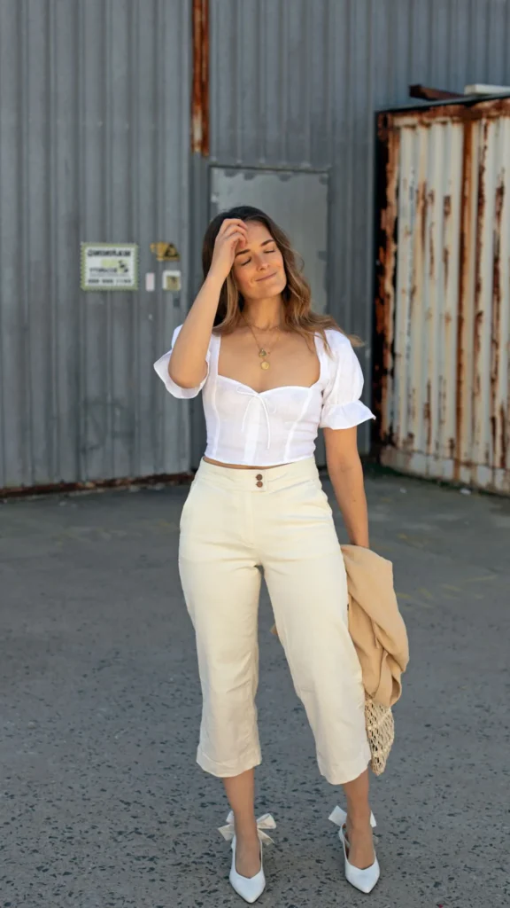 A full-length portrait of a woman standing outdoors in a monochrome white and cream outfit with her eyes closed and hand touching her hair. She wears a white linen short-sleeved milkmaid-style top with a tied neckline, paired with cream-colored high-waisted cropped pants and white pointed-toe heels adorned with prominent back bows. She carries a cream handbag and a beige jacket over her arm against a corrugated metal and rustic industrial wall backdrop.