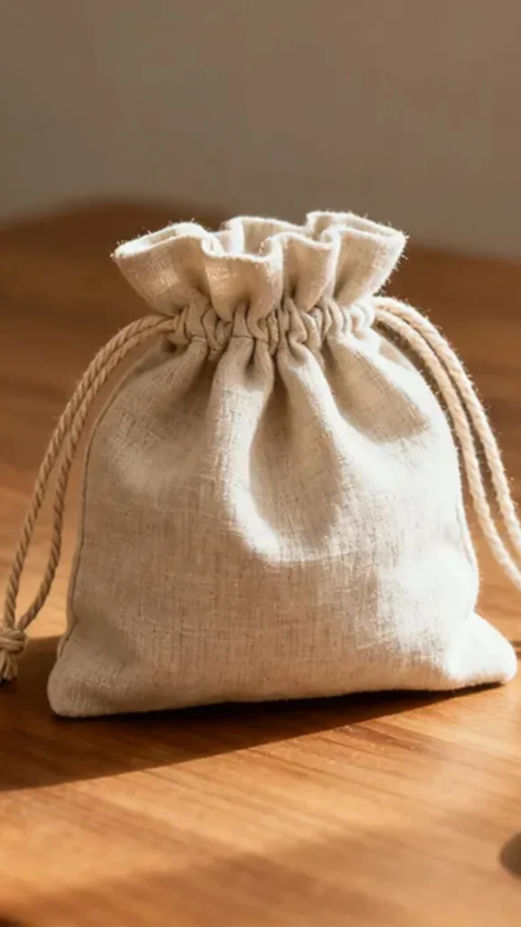 A small, structured drawstring pouch made of a textured, off-white linen or cotton fabric. The bag is pulled tightly shut by two thick, twisted cream-colored cords on either side, creating a ruffled, gathered top edge. The pouch sits upright on a smooth, warm-toned wooden tabletop, illuminated by soft sunlight casting gentle shadows.