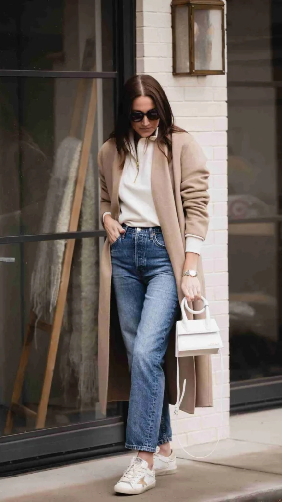 A woman walking outdoors wearing high-waisted blue jeans, a white or cream quarter-zip sweater, a long camel coat, and white low-top sneakers. She wears sunglasses and carries a small, structured cream handbag with a top handle and shoulder strap in her hand. She stands in front of a modern storefront with dark glass windows and a white brick wall.